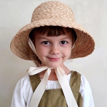 Детски плоски шапки ръчно плетени от лико в ретро стил за момичета и момчета, летни сламени шапки за пътуване с шнур, слънцезащитен крем за почивка