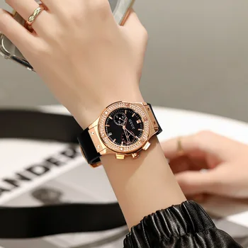 Модерен часовник GUOU ГУО 2023 с кристали, доминиращ голям циферблат, каишка силикон, женска индивидуалност, стръмни и красиви дамски часовници