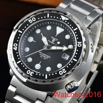 Водоустойчив мъжки часовник Tandorio 46,5 мм и 300 м черен Зелен Син циферблат, автоматични мъжки часовник NH35A, светлинен ръчно изработени гривна от неръждаема стомана