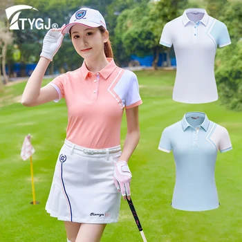 TTYGJ Женска риза за голф с отложным яка, дамски лоскутная тениска с къс ръкав, женски дишащи бързо съхнещи спортни потници, спортни дрехи
