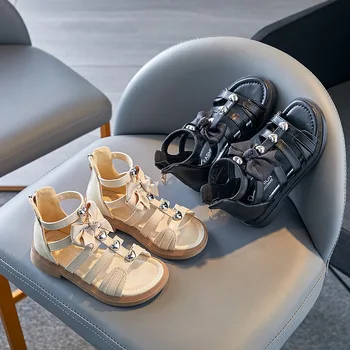 Мода 2023 г., римски кухи сандали за малки момичета, обувки принцеса с високо берцем, универсални детски сандали с бантиком на дебела подметка за деца