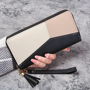 Нова мода Ретро Плътен цвят, просто всички, дамски дълга чанта за мобилен телефон с цип голям капацитет, зашити чанта за ръце
