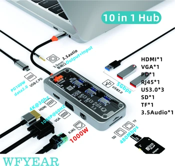 Фабрично прозрачен 10 в 1 Многофункционален порт USB 3.0, адаптер за докинг станция, RJ-45 HD C USB Хъб за Mac