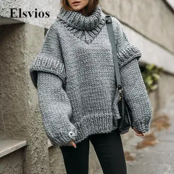 Есенна с елегантно поло, монофонични вязаный жилетки, дамски моден Свободен пуловер с дълъг ръкав, топ, Дамски ежедневни Топла зима дебел пуловер