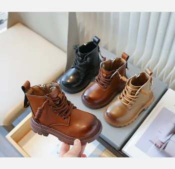 Есенно-зимни нови детски ботильоны от изкуствена кожа за момчета и момичета, топли памучни обувки в британския стил, бебешки обувки с мека подметка