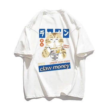 Мъжка тениска с аниме от памук, голям размер С къс ръкав, обикновена риза с фигура на Котка на японски карикатура, Лятна Ежедневно мъжко облекло