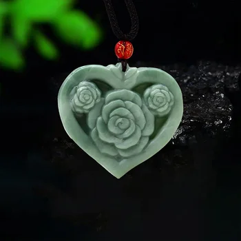 Колие с отложено във формата на нефритен на сърцето, Каменни дизайнерски бижута, Китайски Колиета с цветя, Амулет от Естествен, Истински Скъпоценни камъни, Чар, Зелен Скъпоценен камък