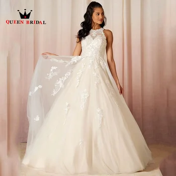 Елегантни дантелени сватбени рокли без ръкави, с апликации, 2024 Сватбени и бални рокли в пода с кръгло деколте, Robe De Mariée Custom H35X