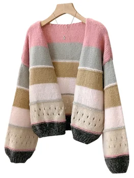 Новост 2023 г., шик Корейски модерен жилетка в райе, възли реколта пуловери, Женски есенно-зимния свободен ден за ден трико с дълъг ръкав