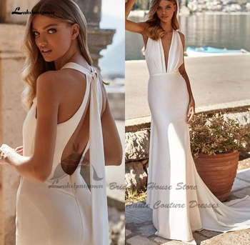 Lakshmigown Секси сватбени рокли на русалка от крепа с отворен гръб, плажни 2024, нови сватбени рокли Casamento White с дълбоко V-образно деколте