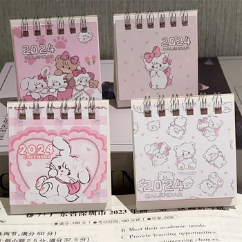 1 бр. 2024 Пръстен с покритие, Розово Календар с сладък котка, Креативна бележка, Мини-дневник за планиране, Месечен календар, за Украса на работния плот