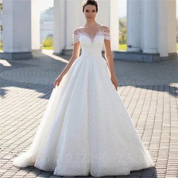 Модно бельо рокля с влак, тюл с открити рамене, сватбена рокля за булката 2023, блестящо сватбена рокля трапецовидна форма, Vestido De Новия