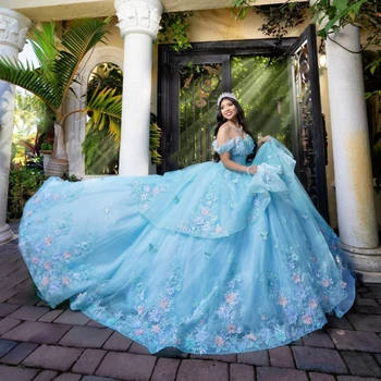 Мексиканското Небето-Синьо Блестящо Пищни рокля с 3D Цветен Аппликацией От Мъниста, Вечерна Хубава Рокля 16 Vestidos XV 15 Años