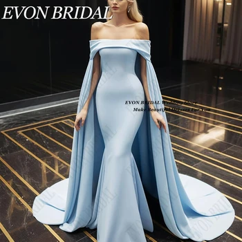 Вечерна рокля EVON от крепа за младоженци с нос небесносин, елегантна рокля-русалка 2024, дълги рокли за официални събития с деколте лодка