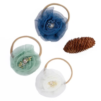 Дантелени Найлонови ленти на главата с цветя, ръчно изработени за малки момичета, Гъвкави Аксесоари за коса за деца, Пролетната реколта шапки за бебета