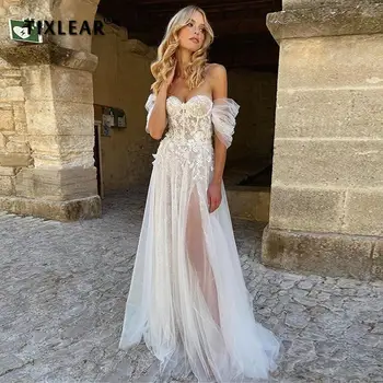 Жена сватбена рокля TIXLEAR в стил Бохо с открити рамене и отворен гръб, с плажна сватбена рокля в стил милочки от тюл, нагънат на ръкавите, е Илюзия Лятото на 2022