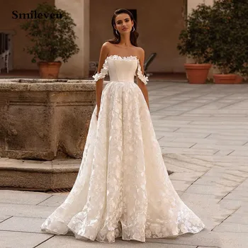 Smileven Дантелени сватбени рокли трапецовидна форма с открити рамене, скромен булката рокля без ръкави, Сватбени рокли Vestido de новия 2024