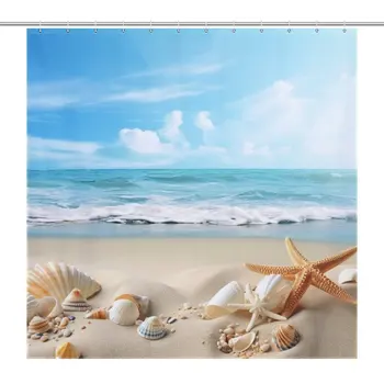 Завеса за душ под формата на морски звезди от морския бряг, Плажна Тема, баня, Водоустойчив Куки, 12шт, издръжлив материал, стилен външен вид