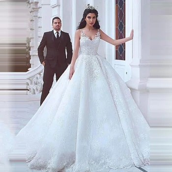 Секси сватбена рокля на принцеса на спагети презрамки с V-образно деколте, Vestidos De Новия, Луксозна бална рокля от тюл с аппликацией, сватбени рокли за младоженци