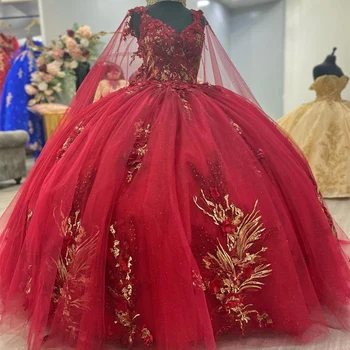 Червени блестящи буйни рокля Топка рокля с 3D флорални апликации от Дантела, Без ръкави, С нос Цветя с ръчно изработени Sweet 15 Party