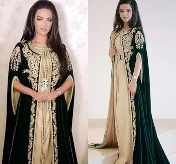 Тъмно зелени Марокански caftans Вечерни рокли, дълго наметало, с бродерии и апликации Елегантна дълга Дубайское арабското рокля elbise abiye за бала