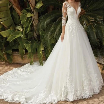 2023 Сексуално бяла сватбена рокля с дълъг ръкав и дълбоко V-образно деколте, дантелени апликации, сватбена дълга рокля от тюл vestido de новия encaje