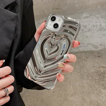 USLION Луксозен калъф за мобилен телефон с покритие покритие Silver 3D Сърце Water Ripple за iPhone 14 13 12 11 Pro Max от мек силикон с въздействие корпус