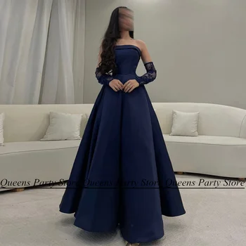 Тъмно синьо атласное вечерна рокля с деколте лодка, подвижни дантелени коланите вериги трапецовидна форма с дължина до щиколоток, вечерни рокли от Саудитска Арабия, рокля за бала в Дубай