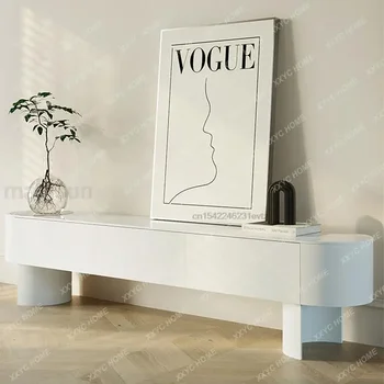 Модерни мебели за дневна Високи извити крака шкафове Кръгли Ъглови подложки за телевизор, Голямо пространство за съхранение на ТВ-шкафове, цвят бял
