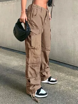 RDMQ 2023, Летни дънкови панталони-карго, дамски панталони-карго с ниска талия в уличном стил хип-хоп, с много джобове, ежедневни дамски дънкови панталони