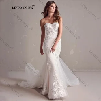 LINDO NOIVA Дантелени апликации, сватбени рокли стил русалка, сватбени рокли за жени 2023, луксозни рокли за булката de noiva civil elegantes