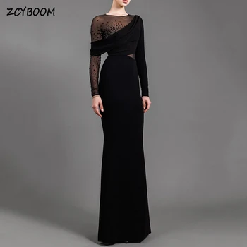 Елегантна вечерна рокля с дълги ръкави от черен страза 2024, бархатное рокля за бала на мълнии 