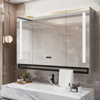 Интелигентен огледален шкаф за баня от масивно дърво с отделни монтиране на хранилище за баня, огледало за защита от замъгляване с подсветка за съхранение