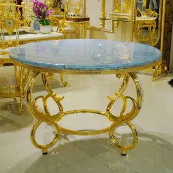 Метални мебели в европейски стил барок, позлатени 1,3-метров маса за хранене от син мрамор цвят ледена вода