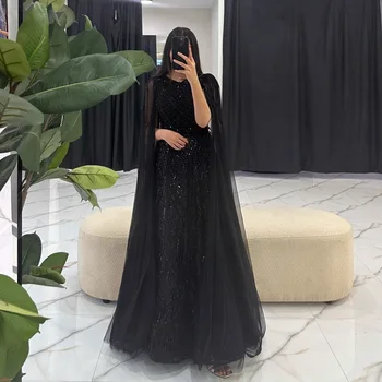 Sevintage Луксозни Черни рокли за абитуриентски бал, бродирани с мъниста и пайети, С дълги ръкави, трапециевидные вечерни рокли в Саудитска Арабия, вечерна рокля за специални случаи