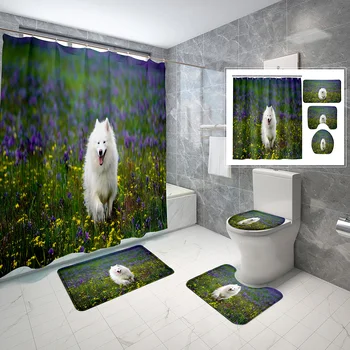 Комплекти, завеси за душ Samoyed, 4 бр., Нескользящие подложки, подложка, капак на тоалетната чиния, билка за кучета, цветя, пейзажи, Водонепропусклива завеса за душ, комплект
