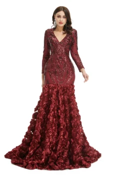 Бордо рокли на принцеси-на русалка за бала с дълъг ръкав и аппликацией под формата на 3D рози с цветя модел, вечерна рокля за приемане на