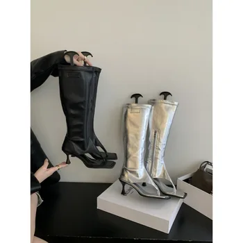 Есенно-зимни дамски прости обувки с квадратна глава на висок тънък ток със страничен цип, черни, сребристи, с клипсой, дълги ботуши Cool Boot