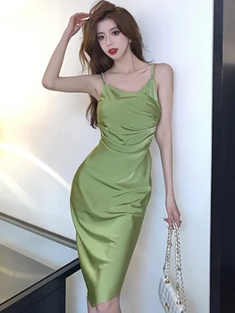 Жена Красива Зелена рокля-прашка с мъниста, Секси рокля Midi, Лятното Модно Елегантно Ежедневно Плиссированное рокля 2023, Корея, Луксозни опаковки, модерно рокля за бедрата