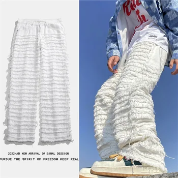 Скъсани мъжки дънки в стил уличен хип-хоп, тежка индустрия, Пролет 2023, преки, свободни, в стила на скейтборд, Бяла разкроена панталони