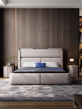Американската лека луксозно легло, модерен минимализъм и елегантност, двойно легло висок клас, меко легло на скандинавския дизайнер