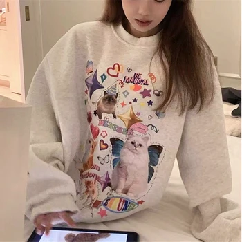 Качулки Y2K Fairy Wings с принтом котка, Сива Свободна hoody с хубав анимационни модел, Корейската мода градинска дрехи, Есенно-зимни дрехи голям размер