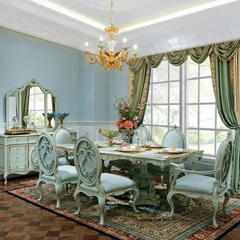 Френски мебели, маса за Хранене и стол от масив европейския дърво с правоъгълна форма, с дърворезба, луксозно обзавеждане за малък апартамент
