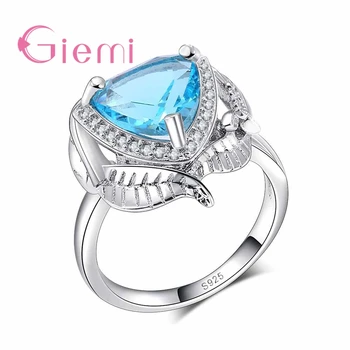 Класически бляскавите синьо пръстен с геометричен дизайн във формата на листа, Годежен пръстен с хрустальным камък, сватбени бижута, изработени от сребро проба 925