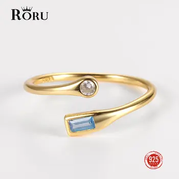 Откриване на пръстени от сребро 925 проба RORU, един Коктейл пръстен със син камък и тромаво цирконием за жени и момичета, Уникални декорации за хип-хоп партита