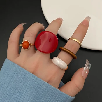 IFKM Модерен комплект пръстени в стил бохо за жени, геометрични акрилни пръстени за пръстите, модни богемные кръгли пръстени, сватбени декорации