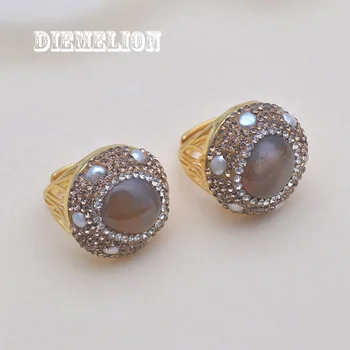 Нов дизайн на пръстени, пръстени с естествена кафява Мадагаскарским агатом, Микроинстекление, блестящ кристал с истински перли, пръстен с променлив размер за жени