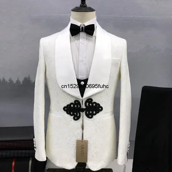 Мъжки костюм от три части, палта, жилетки, панталони, новост 2023 г., висококачествена китайска задължителни, бял принт, официалната Тънка мода, бизнес сватба
