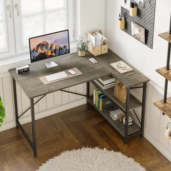 Малък L-образно бюро с рафтове за съхранение, 47-инчов кът бюро за компютър, бюро за домашния офис, малко пространство, сив