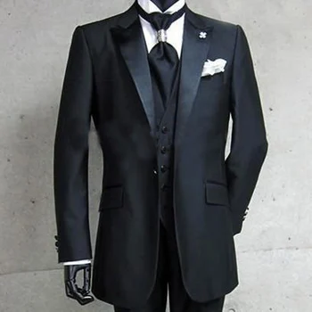 Черни официални сватбени смокинги за младоженеца С нов остроконечным лацканом, изработена по поръчка на бизнес мъжки костюм от три части (яке + панталон + елек)